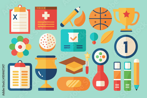 Diverse Education, Sports, and Health Flat Vector Icon Set