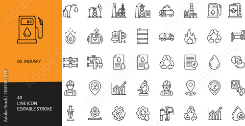 Oil industry icons, editable stroke, energy sketch, fuel outline, black and white, vector illustration