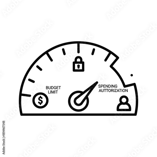 Gauge showing budget limit and spending authorization with icons for money, security, and person, isolated on