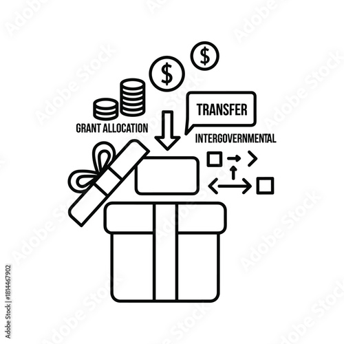 Intergovernmental grant allocation and financial transfer concept with money and gift box icon