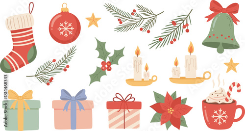 Christmas festive icons, holiday decorations, gifts, candles, holly, stocking, snowflake mug, pine branches, stars, bell, flat vector illustration