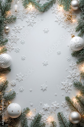 Holiday Decoration With Evergreen Branches, Snowflakes, and Lights on a Blank...