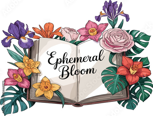 Watercolor Open Book and Flower Illustration, Watercolor Book with Flower Artwork, Floral Watercolor Open Book Design, Watercolor Book Bloom Illustration