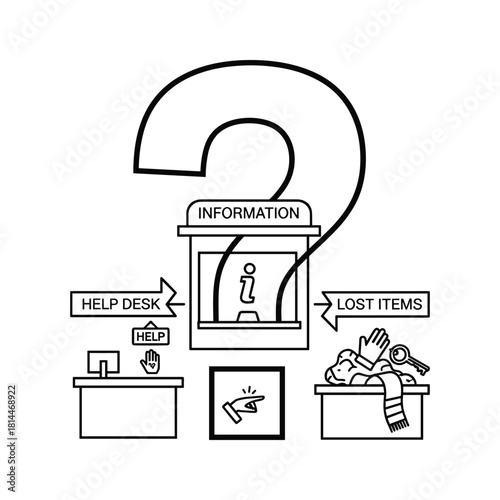 Black and white line art illustration of a large question mark framing an information desk for lost and found help