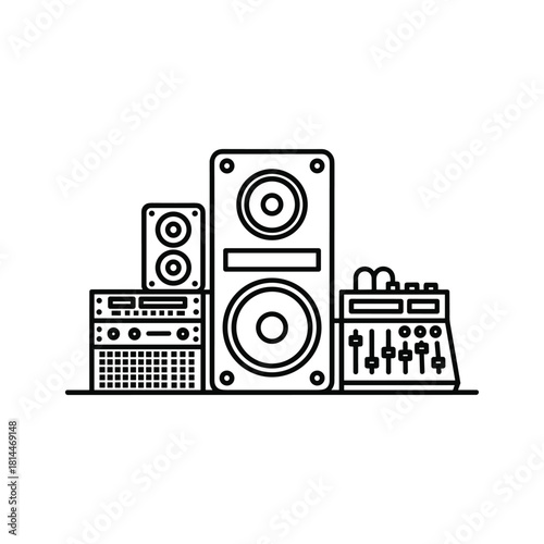 Line art icon of audio equipment including speaker, amplifier, and sound mixer isolated on