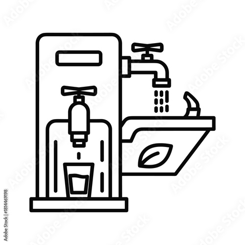 Black and white line art icon of a modern water cooler and drinking fountain with a leaf symbol for ecofriendly water