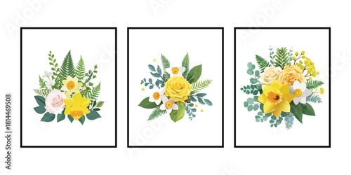 Yellow Rose and Daffodil Floral Bouquets Vector Set for Spring Design Flower Wall Decor Minimal botanical illustrations in warm tones. Great for wall art, greeting cards, or home decor.