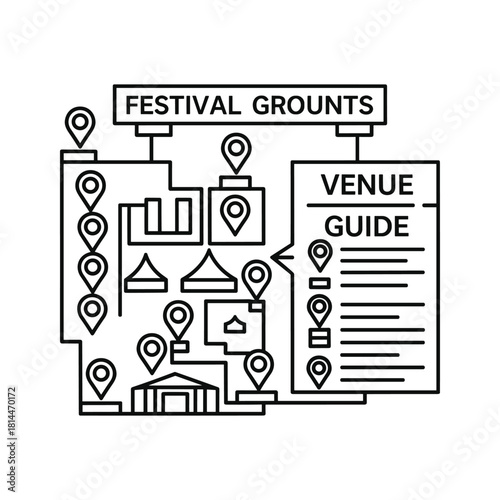 Black and white line art icon representing a festival ground map with location pins and a venue guide