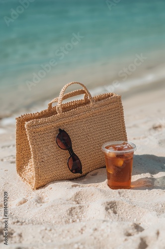 Enjoying a Refreshing Drink by the Beach With Sunglasses and a Stylish Bag