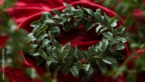 Beautiful Green Wreath With Golden Accents on Red Velvet Background for Festi...