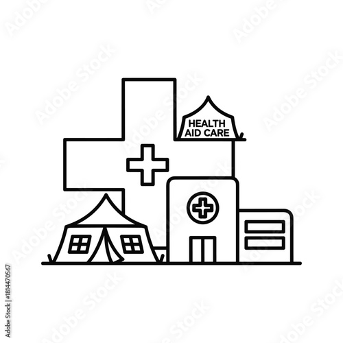 Outline icon representing emergency medical aid, hospital, and temporary field clinic for healthcare service concept isolated on