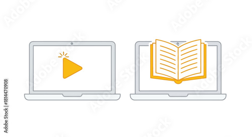 Vector illustration of online education concept showing laptop with play button and book