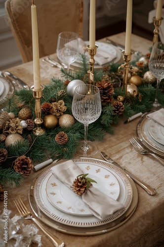 Elegant Christmas Table Setting With Decor and Fine Dining Elements During th...