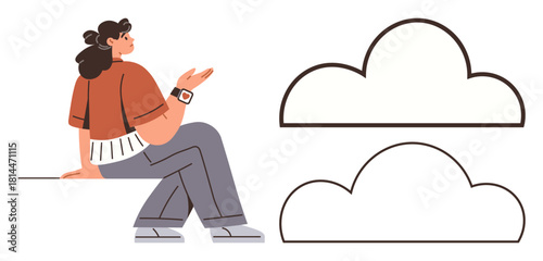 Woman sitting on flat surface, gesturing thoughtfully near minimal cloud outlines. Ideal for creativity, brainstorming, imagination, communication, individuality, growth, mindfulness simple flat