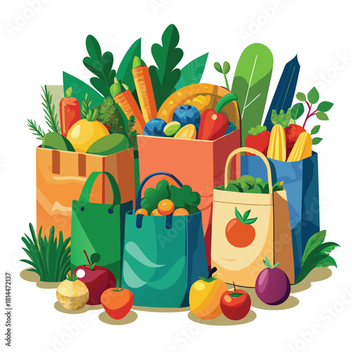 Reusable grocery bags with fresh produce for eco friendly shopping concept