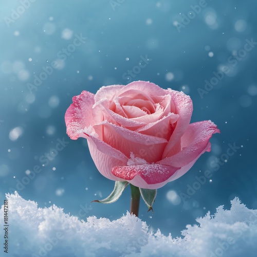 Beautiful Pink Rose in Frost-Covered Snow During Winter Season
