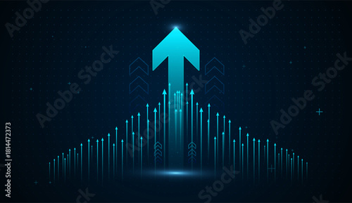 A glowing blue arrow rises from a field of smaller arrows, symbolizing rapid technological growth, innovation, and upward progress in the digital era. digital growth and rising