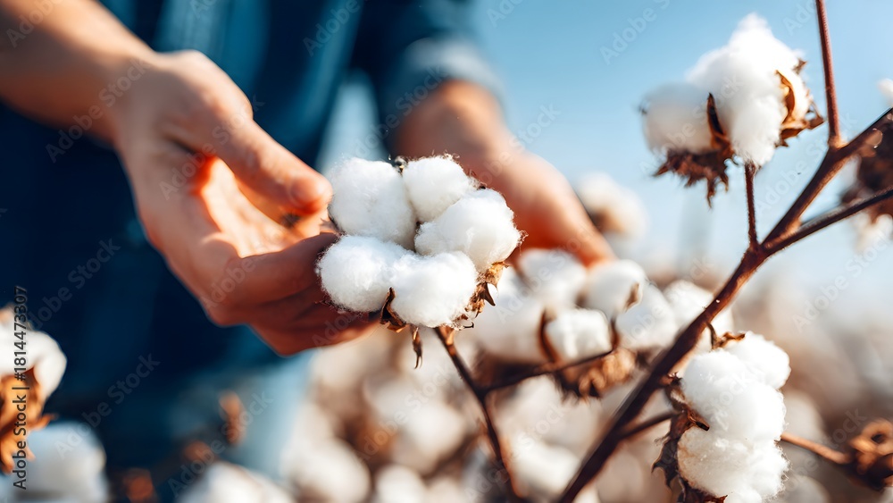 Naklejka premium Close-up of farmer's hands gently holding fluffy white cotton bolls, symbolizing raw fiber harvest, natural organic farming, and sustainable textile production.
