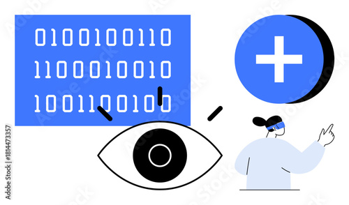 Data security concept. Binary code, an eye symbol, and healthcare visuals explore data security in technology. Data protection for AI, cybersecurity, health tech, and digital privacy solutions