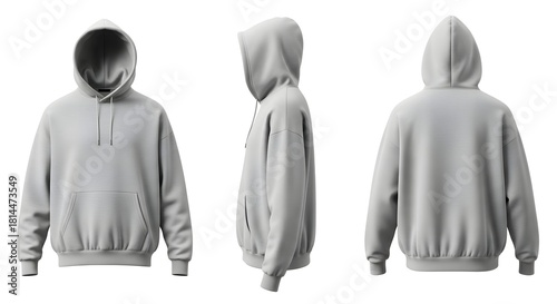 Gray hoodie mockup set front side and back views on white