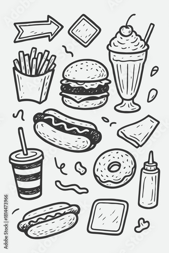 American Diner Hand-Drawn Food Sketch Set | Burger, Fries & Retro Snack Doodles