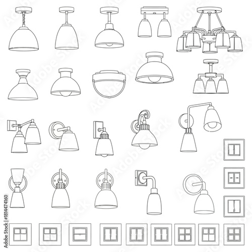 Collection of black and white line drawings of light fixtures and switches
