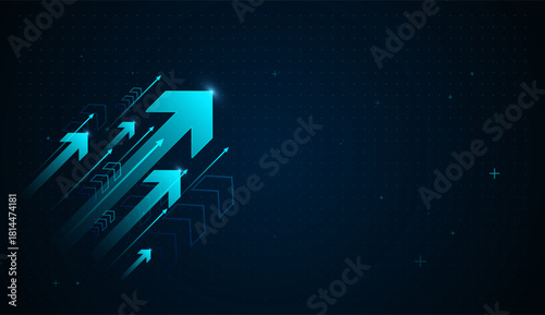 The glowing top arrows symbolizes leadership, innovation as many smaller arrows push upward in a data-driven digital landscape. luminous arrows move upward