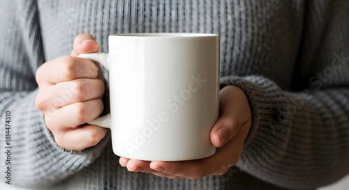 Person holding a blank white mug in a cozy sweater