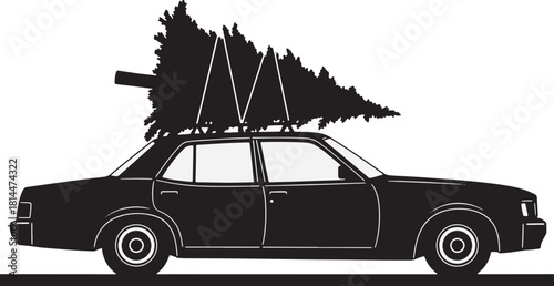Black car with Christmas tree on roof carrying holiday cargo