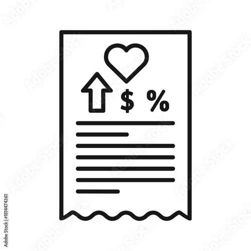 Charitable donation receipt with heart icon and upward arrow isolated on