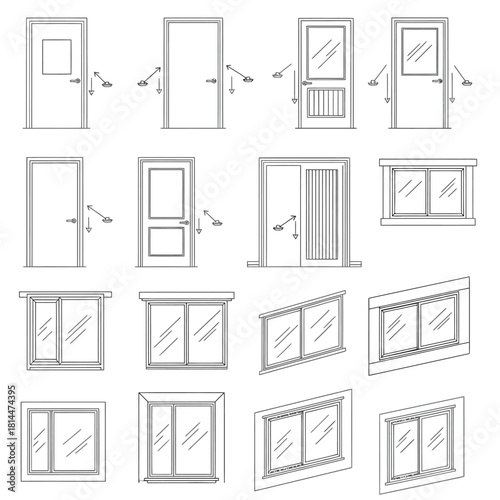 Collection of Door and Window Types and Operation Diagrams