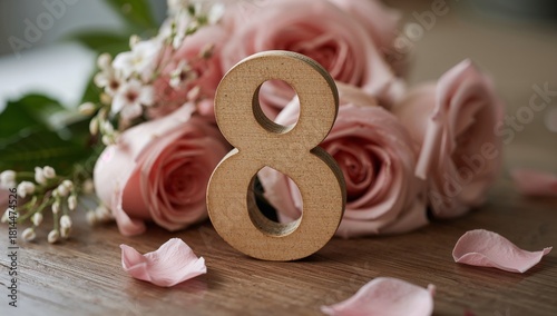 Wooden Number Eight Surrounded by Pink Roses and Flower Petals in a Charming ...