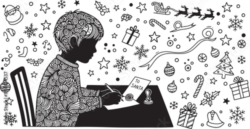 Child writing letter to Santa with festive Christmas doodles design vector