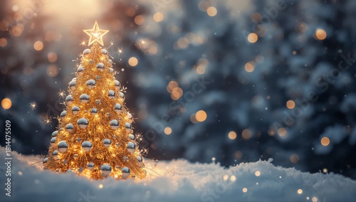 Beautiful Golden Christmas Tree Shines Brightly With Decorations in a Festive...