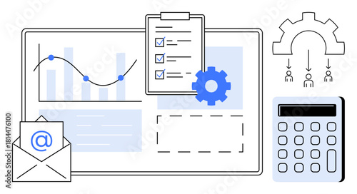 Data chart, checklist, gear, email envelope, calculator, and diagram of hierarchy. Ideal for teamwork, business planning strategy productivity workflow data analysis efficiency. Simple flat