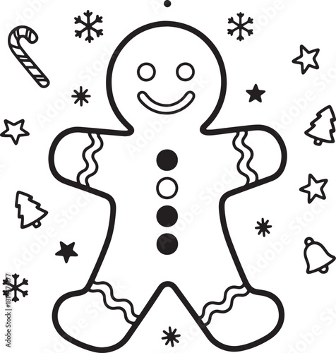 Gingerbread Man Christmas Cookie Surrounded by Holiday Symbols Coloring Page