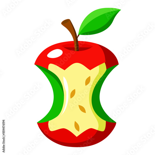 A bright red apple core with visible seeds and a green leaf attached to its stem, isolated on a white background.