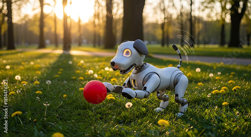 Robotic dog playing with red ball in sunny park