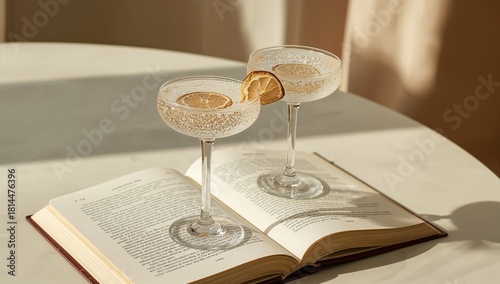 Elegant Cocktails Beside an Open Book on a Table in Warm Afternoon Light