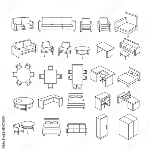 Furniture Collection Isometric Line Drawings objects