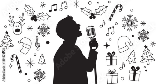 Man Singing Christmas Carols with Festive Holiday Decorations and Icons