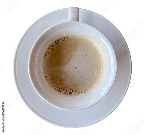 isolated picture of white coffee cup with coffee in a cup top view shot. Top view of a white coffee cup with coffee on a clean background
