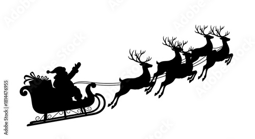 Santa Claus in Sleigh Silhouette Pulled by Reindeer Team Delivering Gifts on Winter Holiday Season with Antlers and Harness on White Background Vector Illustration Isolated Design 200