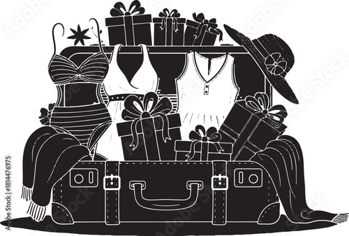 Packed suitcase full of summer clothes and gifts ready for travel