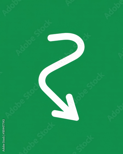 A white curved arrow pointing downwards against a solid green colored square background image view