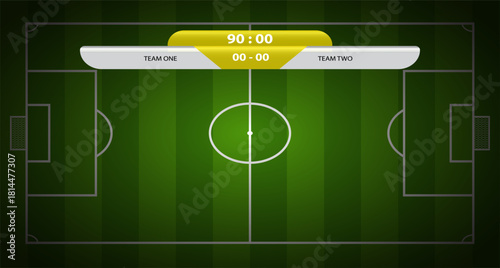 Soccer Match Scoreboard Overlay Template: Empty Broadcast Graphic Featuring the Time, Against a Green Football Pitch Background, Perfect for Sports Broadcasting, News, and Digital Design