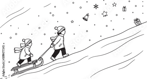 Winter fun with sledding in the snow a playful line drawing
