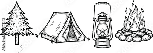 Camping Outdoor Adventure Essential Elements Hand Drawn Icons Isolated background