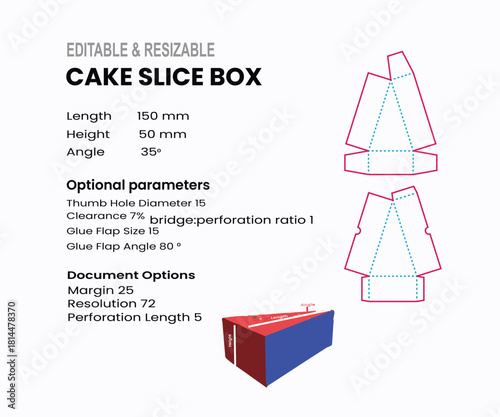 Cake Slice Box Template Design With Dimensions And Optional Parameters packaging editable