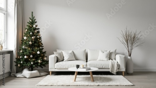 Wallpaper Mural Cozy living room with a white couch and a Christmas tree, perfect for holiday decoration or party ambiance Torontodigital.ca